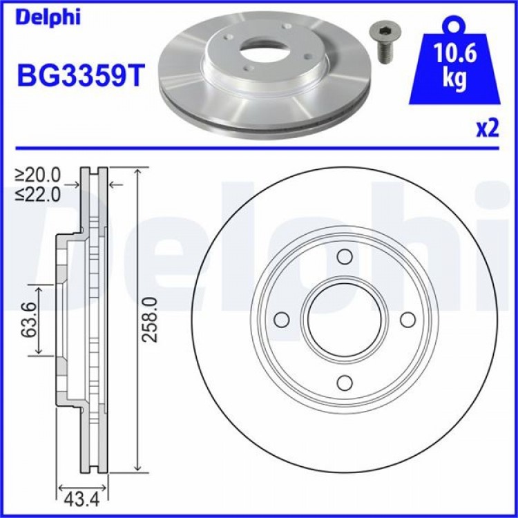 DELPHİ BG3359T | ON FREN DISKI FOCUS I 98>04 FIESTA V 00>08 FUSION 02>12 FORD KA 1.6 03>08 MAZDA II 1.2 / 1.4 / 1.6 03> (CIFTLI PAKET