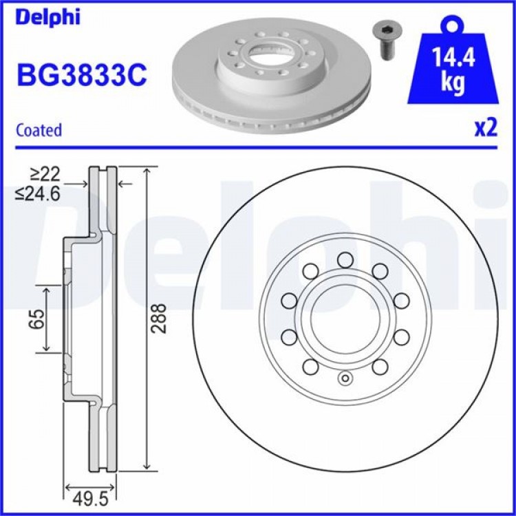 DELPHİ BG3833 | FREN DISKI ON (5D 287 MM) CADDY III IV GOLF V VI VII JETTA (ESKİ KOD: BG3833T)
