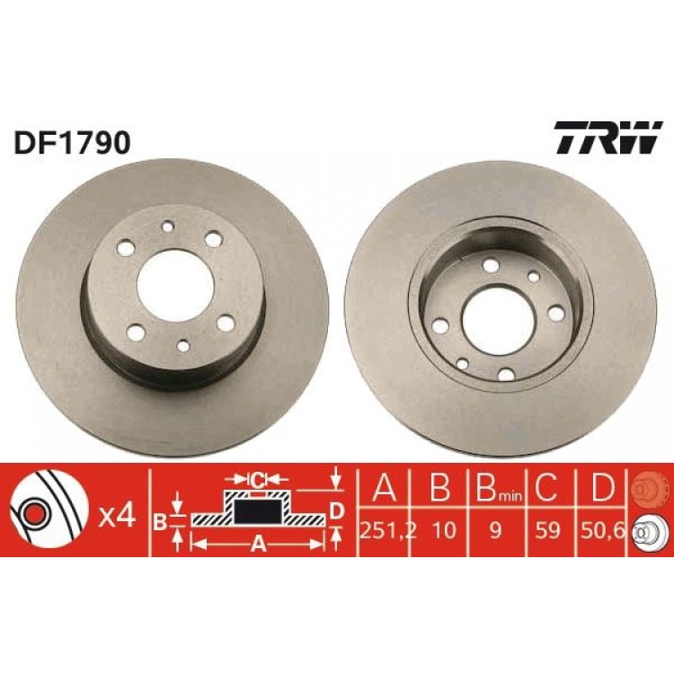 TRW DF1790 | TAKIM - FREN DISKI ARKA DUZ 251.5 MM  (FIAT)  STILO 1.4 1.6 16V 1.9JTD LINEA - BRAVO 1.4T - JET 07 -  )