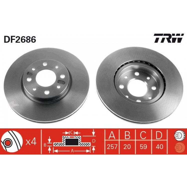 TRW DF2686 | FREN AYNASI ON HAVALI 257MM FIAT ALBEA 1.2,1.6 02->;DOBLO 1.2,1.6,1.9 01->;MAREA 1.6,96->;MAREA WEEKEND 1.6,1.9TD 96->;TEMPRA 2.0I;TIPO 2.0I;ALFA 145-146-155