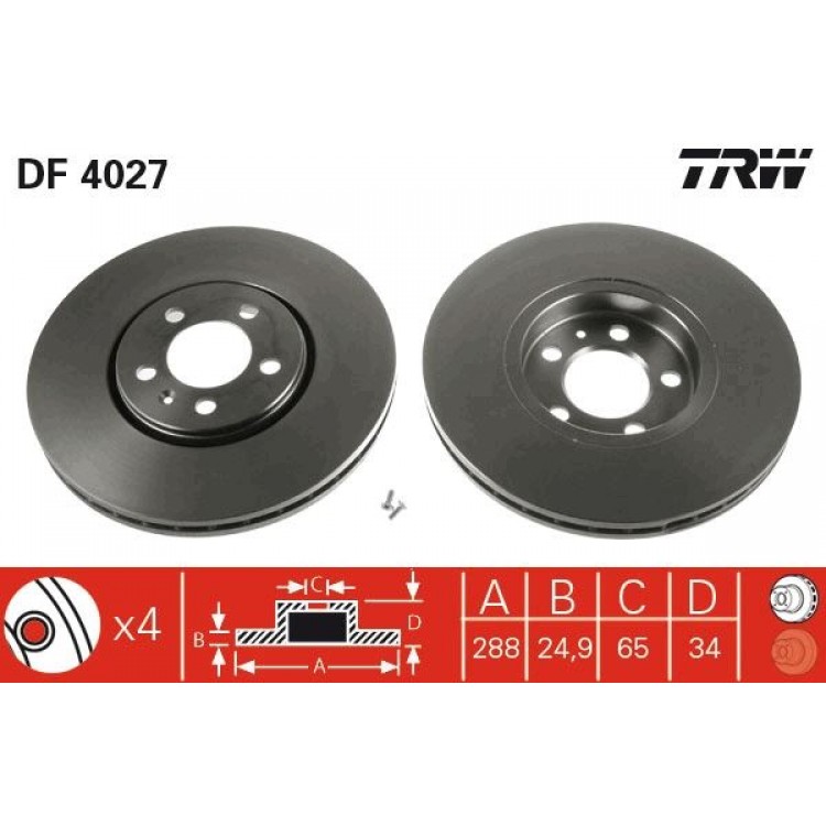 TRW DF4027 | FREN DISKI ON SEAT CORDOBA 2002 - 2009, IBIZA IV 2002 - 2009, IBIZA V 2008 >>, LEON 1999 - 2006, TOLEDO II 1999 - 2006, TOLEDO IV 2012 >>