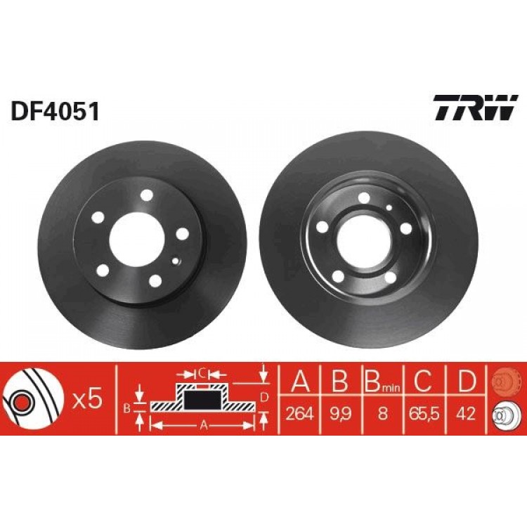 TRW DF4051 | FREN AYNASI ARKA 264MM OPEL ASTRA G 2.0DI,2.0 16V,1.8 16V 98-,ASTRA H 04-; MERIVA 1.7CDTI 03-;ZAFIRA 2.2 16V,2.0 DTI 16V,1.8 16V 00->