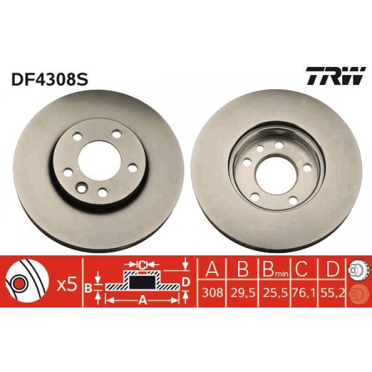 TRW DF4308S | FREN DISKI ON HAVALI 308MM TRANSPORTER T5 1.9TDI 2.0 2.5TDI 3.2 (03->) TOUAREG 2.5TDI (03-06) CARAVELLE MULTIVAN T5 1.9TDI 2.0 2.5TDI