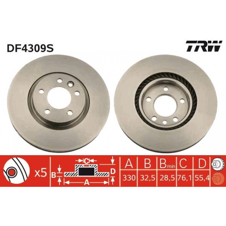 TRW DF4309S | FREN DISKI ON HAVALI 333MM 17JANT TRANSPORTER V T5 MULTIVAN V 03->
