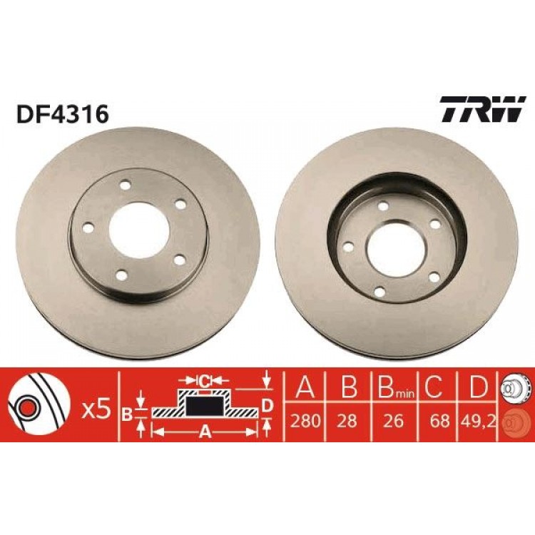 TRW DF4316 | TAKIM - ON FREN DISKI NISSAN PRIMERA P12 03>10 X TRAIL 01>10 MAXIMA 10> HAVALI