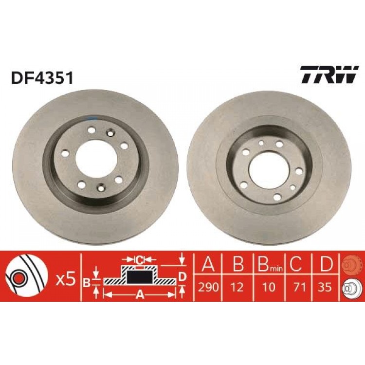 TRW DF4351 | FREN DISK ARKA I CITROEN:  C5 III (RD_), C5 III BREAK (RW_) -  PEUGEOT:  407 (6D_), 407 SW (6E_), 508 I (8D_), 508 SW I (8E_), 607 (9D, 9U), RCZ 2007-2016