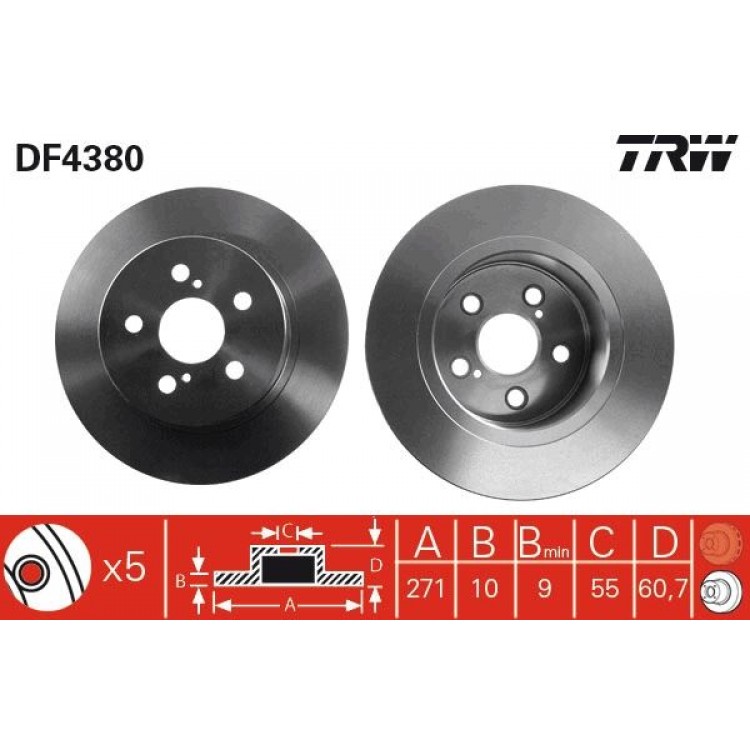 TRW DF4380 | FREN DISK ARKA I TOYOTA:  AVENSIS (_T22_), AVENSIS ESTATE (_T22_), AVENSIS LIFTBACK (_T22_) 2006-2017