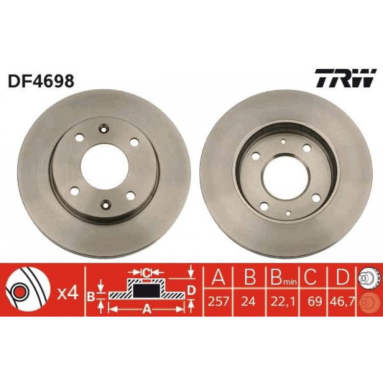 TRW DF4698 | TAKIM - ON FREN DISKI HYUNDAI ELANTRA 1.6 1.8 00>06 MATRIX 1.5 CRDI 1.6 1.8 01>  257mm