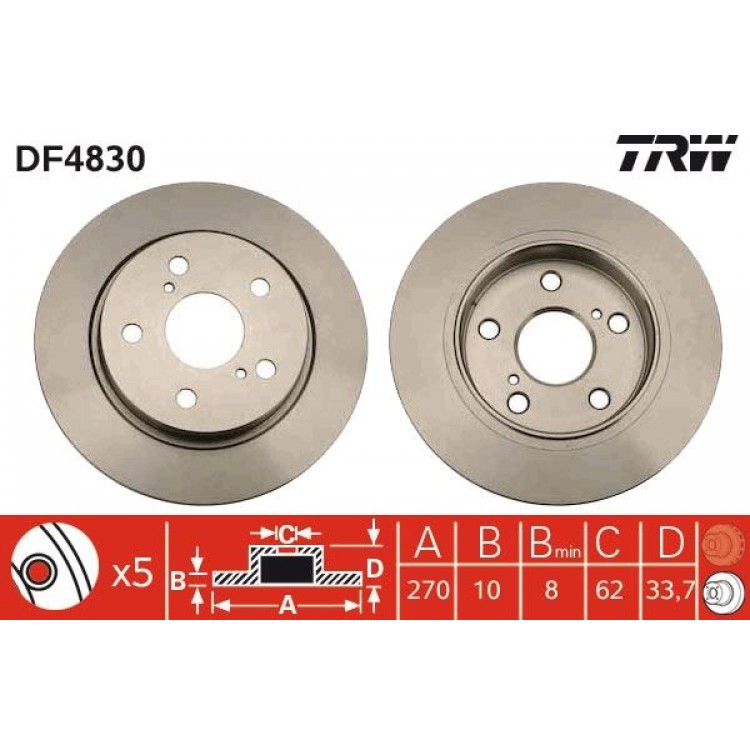 TRW DF4830 | FREN DISK ARKA I TOYOTA:  AURIS (_E15_), AURIS (_E18_), AURIS ESTATE (_E18_), AURIS VAN BOX (_E18_), COROLLA SALOON (_E12_), COROLLA SALOON (_E15_), COROLLA SALOON (_E18_, ZRE1_) 2005-2013