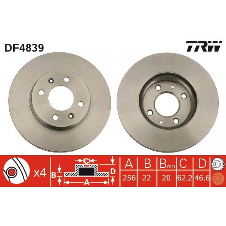 TRW DF4839 | TAKIM - FREN DISKI ON HAVALI 256MM HYUNDAI ACCENT ERA KIA RIO II 1.5CRDI 1.6 2005->