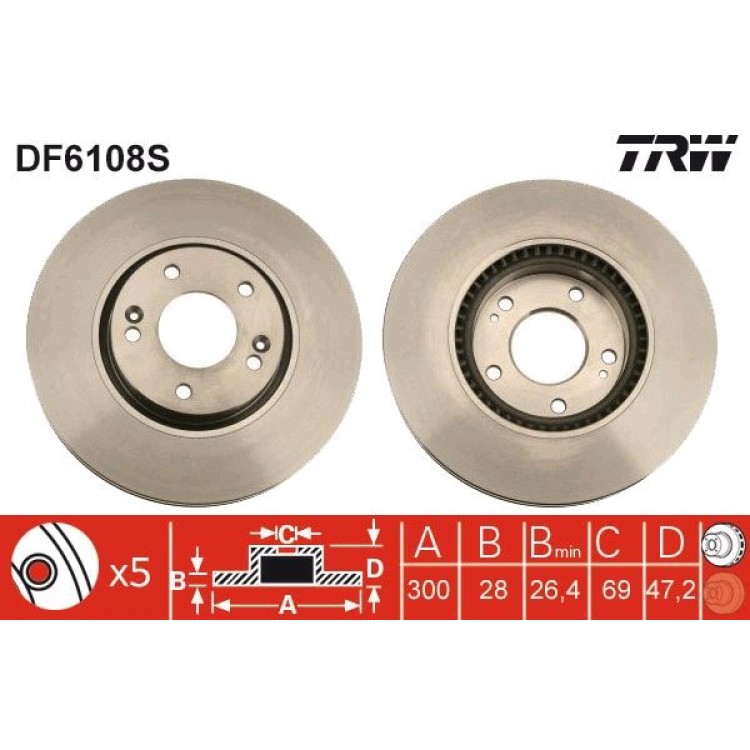 TRW DF6108S | ON FREN DISKI HYUNDAI IX35 10> SONATA 05> TUCSON 08> RIO 11> 1.4 SPORTAGE 04> I40 11> 300mm