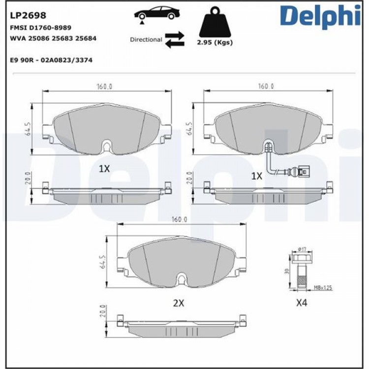 DELPHİ LP2698 | FREN BALATASI ON (160 MM) VOLKSWAGEN TIGUAN GOLF VI-VII CADDY YM 06- SEAT LEON AUDI A3 SKODA OCTAVIA III KODIAQ 06-