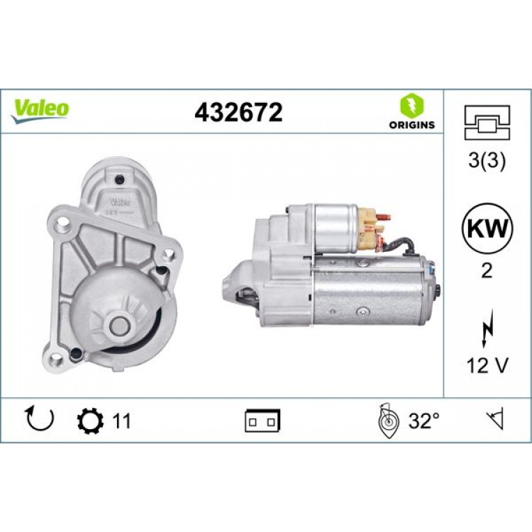 VALEO 432672 | MARS MOTORU 12V 11 DIS 2,0KW CLIO II-KANGOO-LAGUNA 1,9DTI-MEGANE-MASTER 97-01