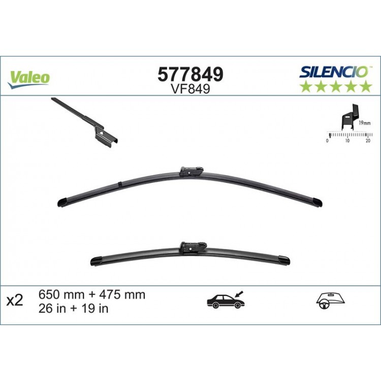 VALEO 577849 | SILECEK SUPURGESI VALEO SILENCIO X-TRM FLAT BLADE VM849 (X2) (650+475 MM) RENAULT TRAFIC3; OPEL VIVARO 2-SERIES ACTIVE TOURER (F45) (10 14-); BMW 2-SERIES GRANTOURER (F46) (06 15-)