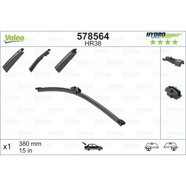 VALEO 578564 | SILECEK SUPURGESI ARKA MUZ TIPI 380 MM (X1) HR38 (HYDROCONNECT COKLU BAGLANTI)