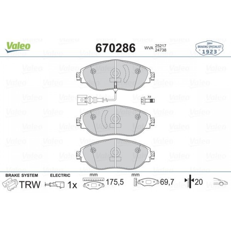 VALEO 670286 | DİSK FREN BALATASI (ÖN) VOLKSWAGEN CC 11>, Passat 10>, Passat CC 08>, Sharan 1.4/2.0/2.0D 10>, Golf VII; AUDI A3; SEAT Alhambra 1.4/2.0/2.0D 10>, Leon; SKODA Superb 1.6D/2.0D 09>15, Octavia