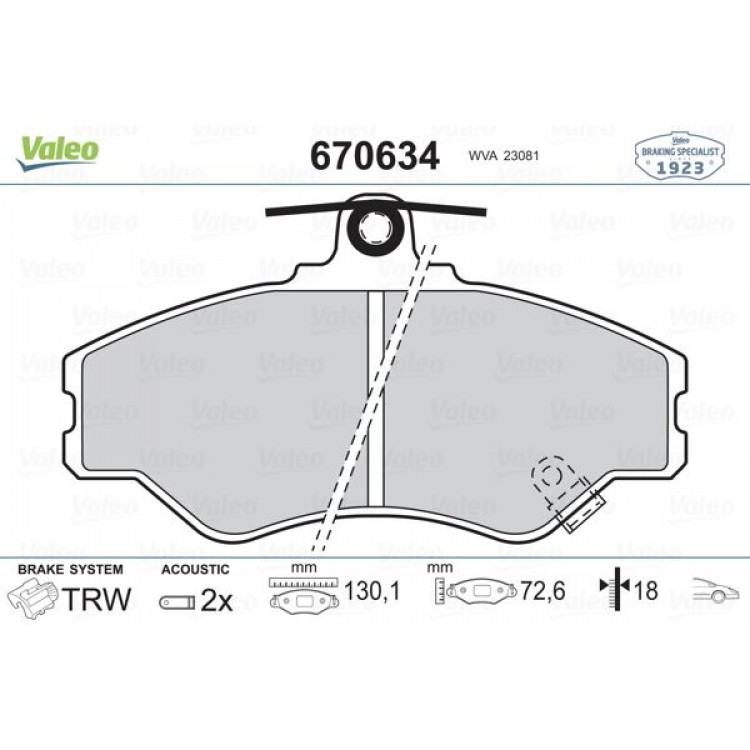 VALEO 670634 | DİSK FREN BALATASI ON HYUNDAI GRACE 1993 - 2004, H-1 / STAREX 1997 - 2004, H100 1993 - 2004, PORTER 1994 - 2004