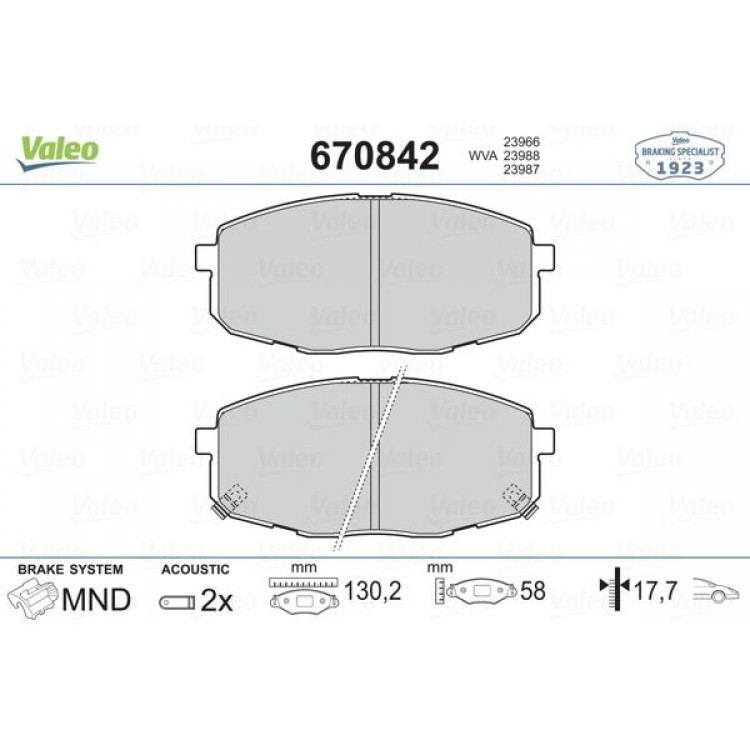 VALEO 670842 | DISK BALATA ON I30 07-12 - CEED 07-12 - CARENS 02-06 (130*58*18)