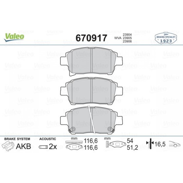 VALEO 670917 | DISK FREN BALATASI ON TOYOTA COROLLA 2000 - 2007  IQ 2009 -  PRIUS 2000 - 2009  YARIS 2003 - 2005  YARIS VERSO 1999 - 2005