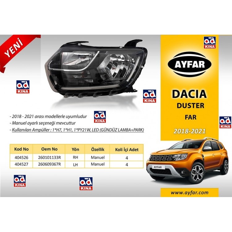 AYFAR 404527 | FAR SOL 404527 DUSTER (18-21) (H7+H1 GÜNDÜZ FARI + PARK) *MOTORSUZ
