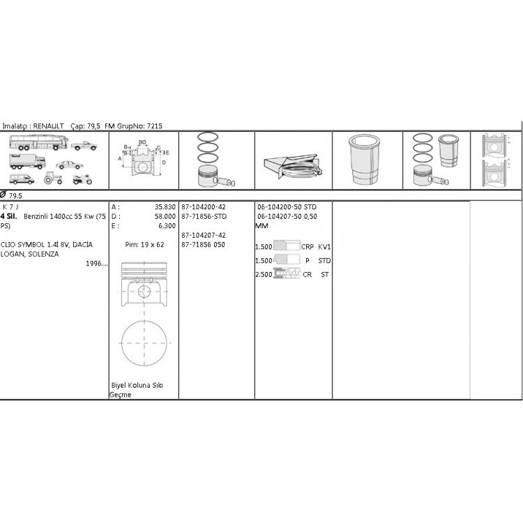 ISS 61042005G | MOTOR SEGMANI 061042005 STD 79,5 MEGANE CLIO SYMBOL 1.4 1.6-I-8V K7M K7J