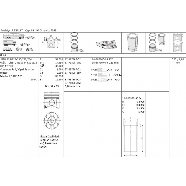 ISS 68873079G | MOTOR SEGMANI 68873079 050 89,0 MASTER 2.5 DCI G9U