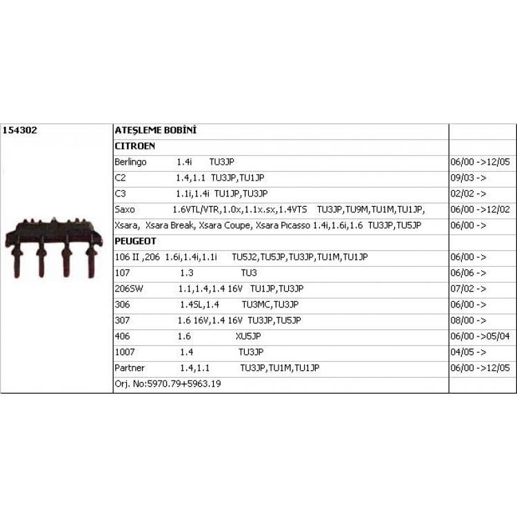 UNUVAR 154302-2 | BOBİN 154302 P106 P206 P306 BERLINGO C3 C2 SAXO XSARA (98-)