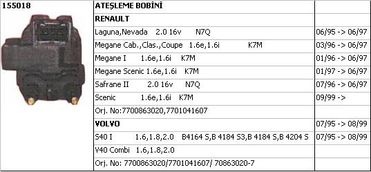 UNUVAR 155018-2 | BOBİN (SİYAH SOKET) 155018 LAGUNA 2.0-16V N7Q SOL S40
